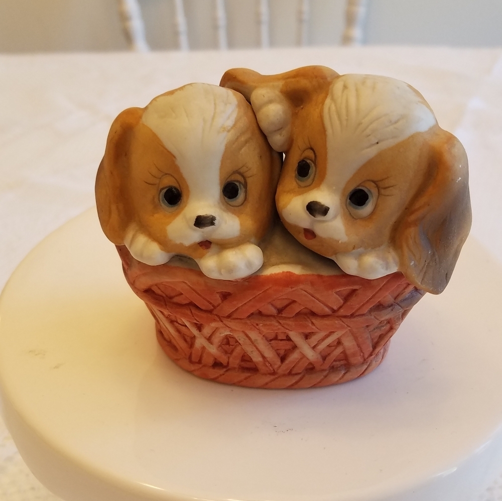 Puppies in  basket Ceramic Figurine